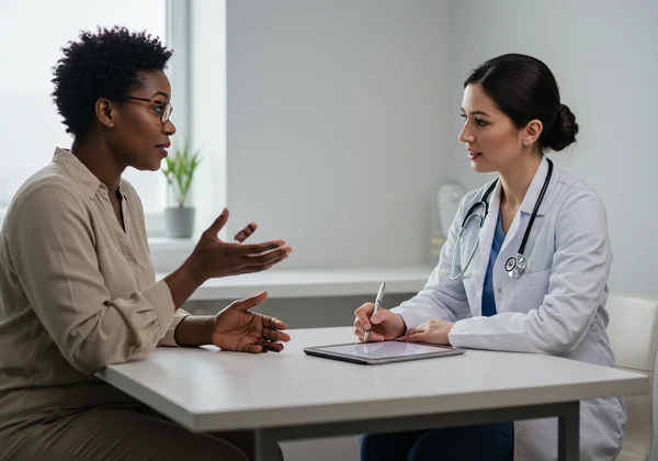 Adult discussing autism concerns with a doctor calmly