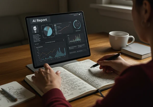 Person reviewing AI report and journaling experiences