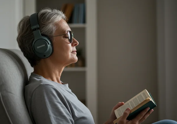 Adult managing sensory overload with headphones in calm space