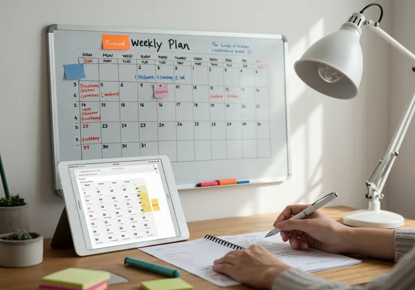 Visual schedule with tasks, calendar, whiteboard.