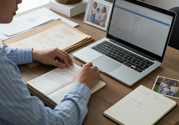 Adulto organizando documentos para una evaluación de autismo