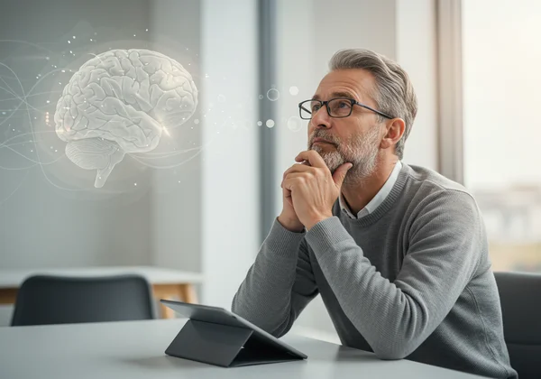 Adulto che riflette, simboleggiando il viaggio di auto-comprensione