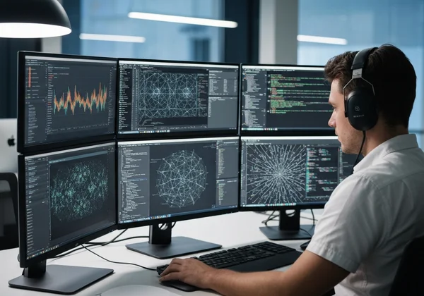 Person deeply focused on detailed data analysis on multiple screens