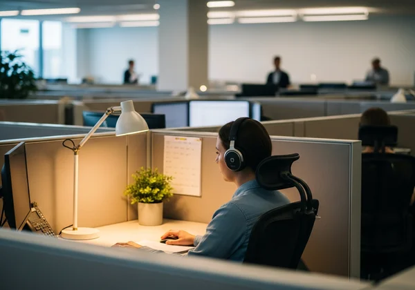 Workplace with noise-canceling headphones, task lamp, calm