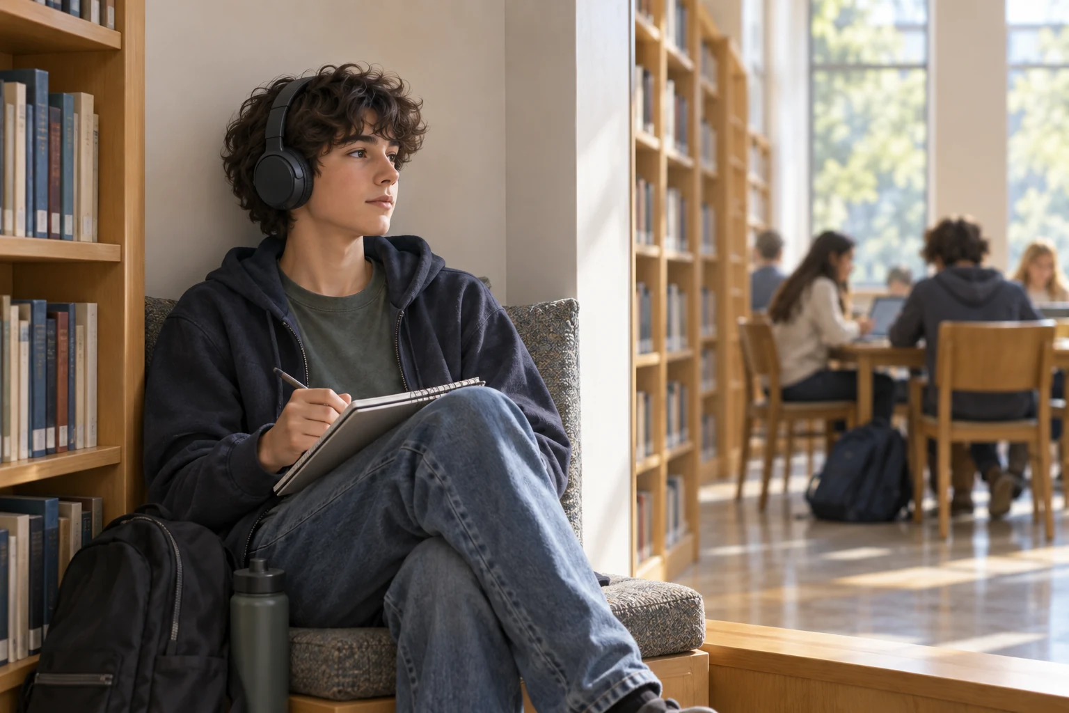 Teen in quiet library alcove